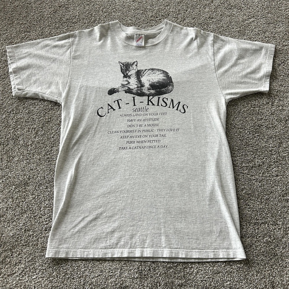 Vintage Cat-I-Kisms Seattle Shirt Mens Large Gray Cat Tee T-Shirt Jerzees